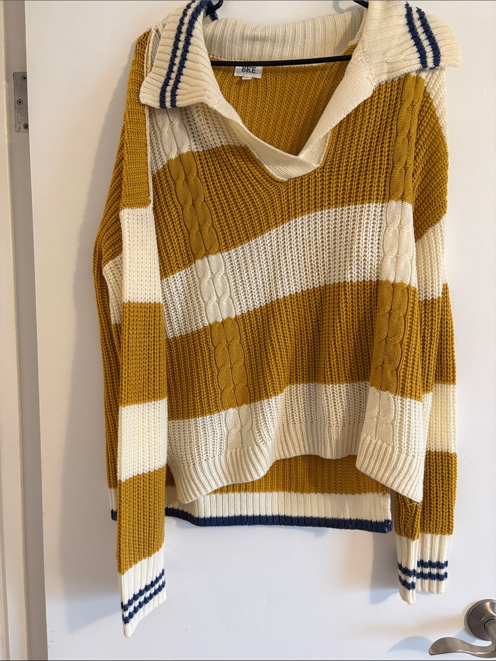 BKE Mustard & Cream Striped V-Neck Cable Knit Sweater with Navy Trim